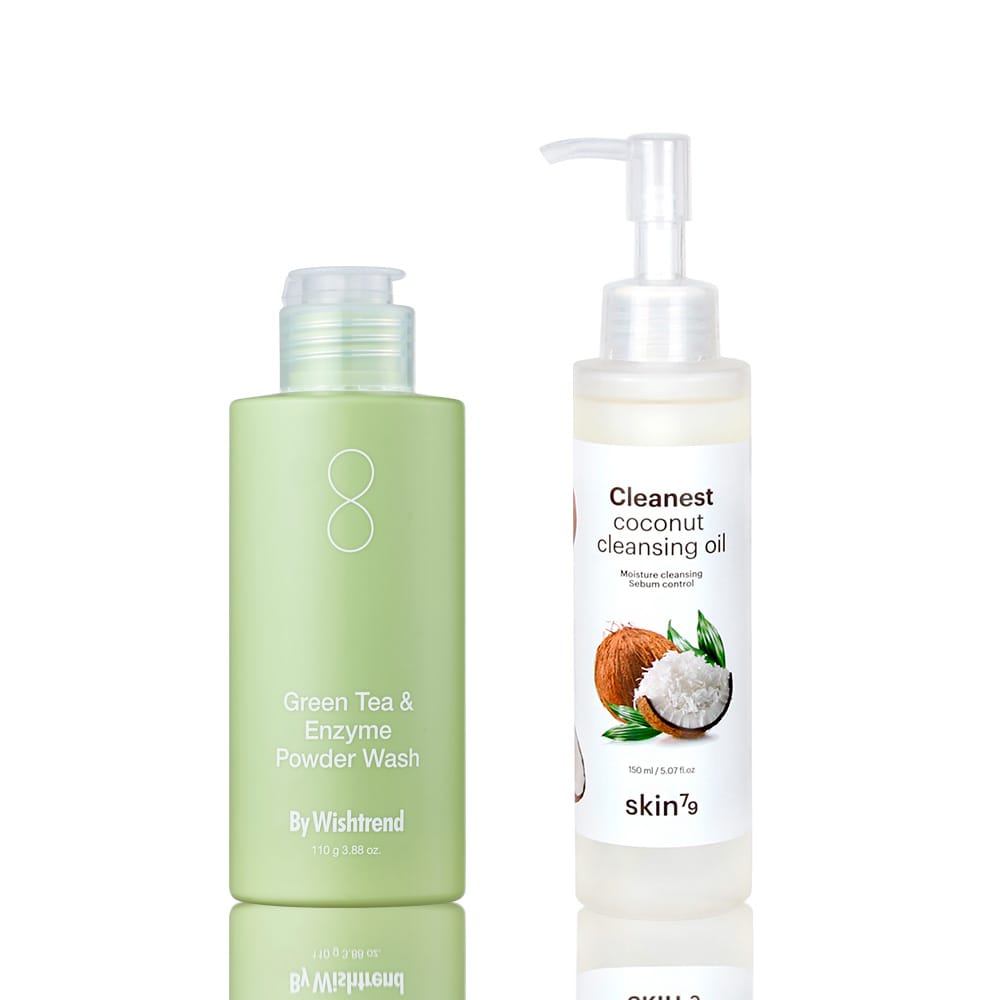 Pack doble limpieza facial exfoliante enzimático Green Tea Powder Wash By Wishtrend + Oleoso Coconut Skin79