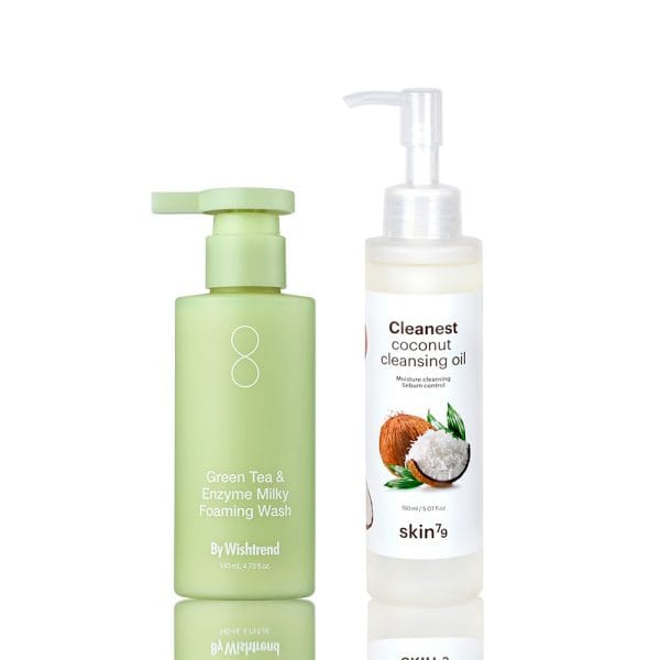 Pack doble limpieza facial limpiador acuoso Green Tea Milky Foam By Wishtrend + Oleoso Coconut Skin79